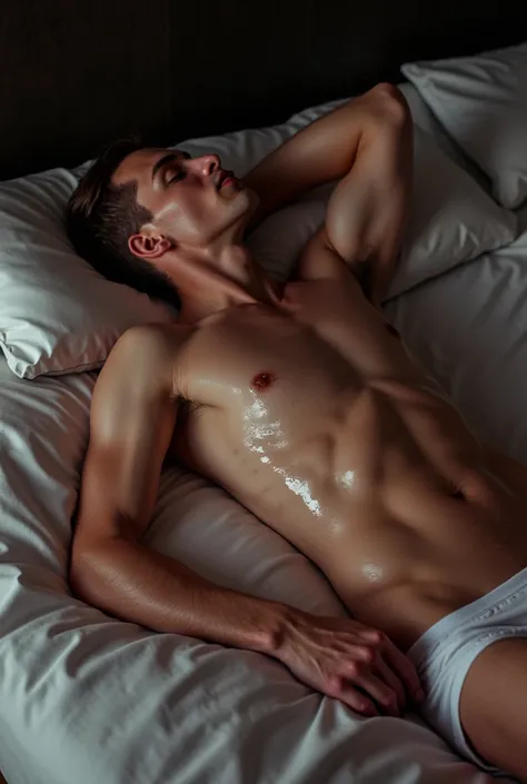 (Photorealism:1.2), handsome man, About 30 years old, shirtless, Underwear only, bulging crotch, sexy. Wavy abdominal muscles,He is a pervert..
He was lying on the bed and his whole body was covered in semen..