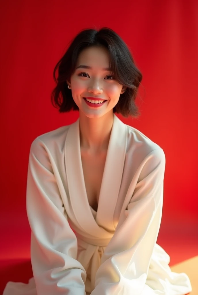 an asian woman dressed in white sitting on a red background, cheered up. soft lighting, ilia kuvshinov. 4k, cheered up style mixed with fujifilm, soft portrait 8k, inspired by yanjun cheng, with short hair, by russell dongjun lu, 🤤 girl portrait, by tor