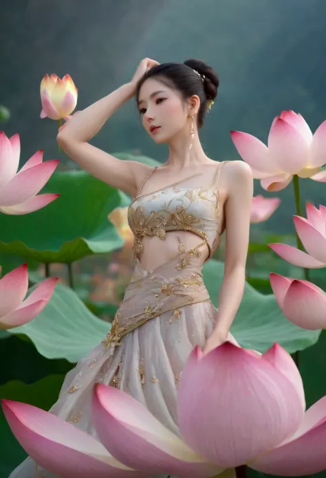 spirit of lotus, standing on flower , small waist, abs, luxury dress,    