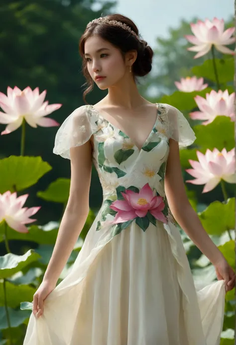 spirit of lotus, standing on flower  , small waist, abs, luxury dress,    