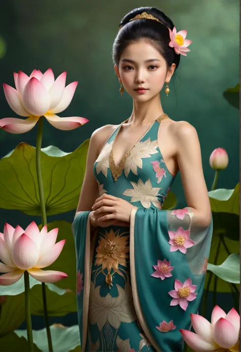 spirit of lotus, standing on flower, small waist, abs, luxury dress,    