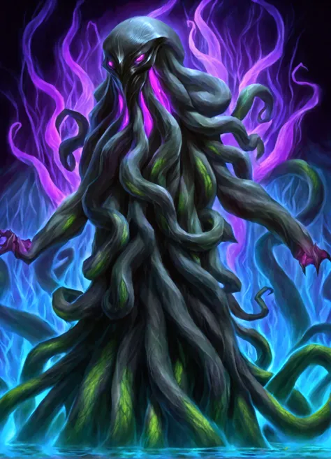 A giant eldritch swamp monster (made of tentacles and vines, many black shiny eyes, vaguely humanoid, several lotus flowers on its surface), stalks a twisted dark swamp, lit by glowing fungus
