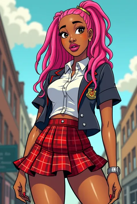 Cardi b with pink dreadlocks and wearing school uniform with red very short Scottish skirt boondocks animation style