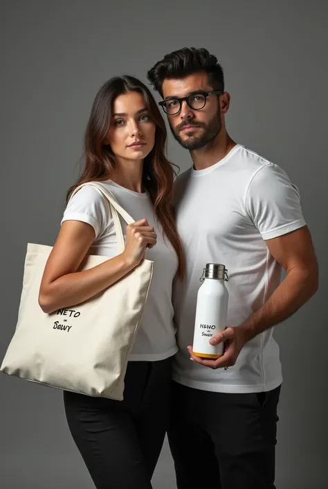 A model couple is wearing black drop shoulder customize print on chest t-shirt.

The girl have a white print cotton fabric tote bag in her shoulder, another hand she is holding a print glass mug. She have long brown hair.

The boy is holding a white print ...