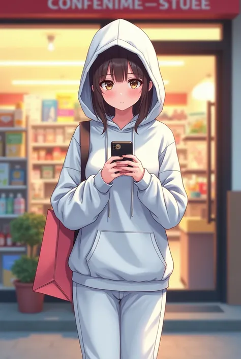 - Adult woman
- Alone
- Beautiful
-Semi-long hair
- Brown eyes
- Hood covering face and hair
- white sweat hoodie
-white sweat long pants
- Wearing sneakers
- Noticing viewer
- Surprised
- Embarrassed
- morning in front of convenience store
- Smartphone in...