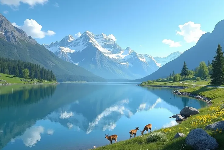 A very high quality and detailed photo of one of those mountain lakes, few white clouds, the mountains with only the snow-capped peaks are perfectly reflected in the water. Clear sky. Clear day. Spring has begun, cerbiatti, flowers and green trees.