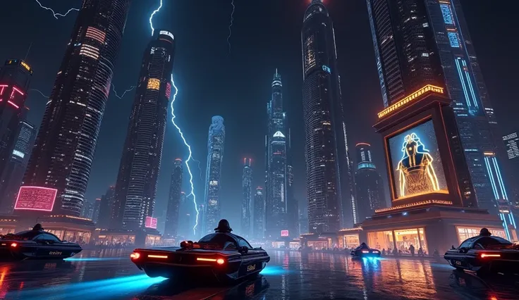 Futuristic cityscapes with colorful all-glass outlined towering skyscrapers with lightning, flying vehicle. High-resolution OLED GUI interfaces in the building, The windows are filled with transparent data visualization infographics that show it all, Egypt...