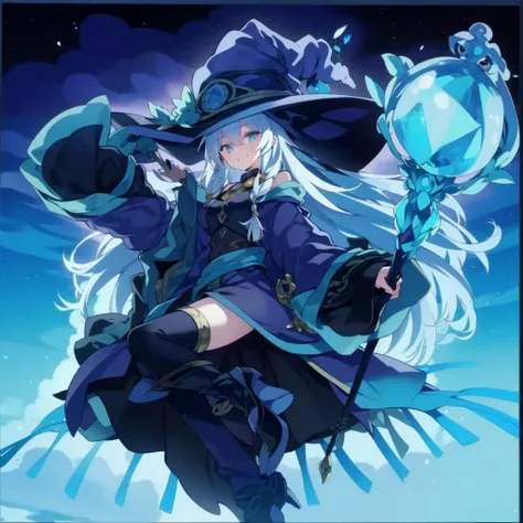 1girl,solo,grin,smile,wide sleeves,magi-robe,white-hair,long hair,blue eyes,witch hat,holding staff,staff with crystal,cute pose