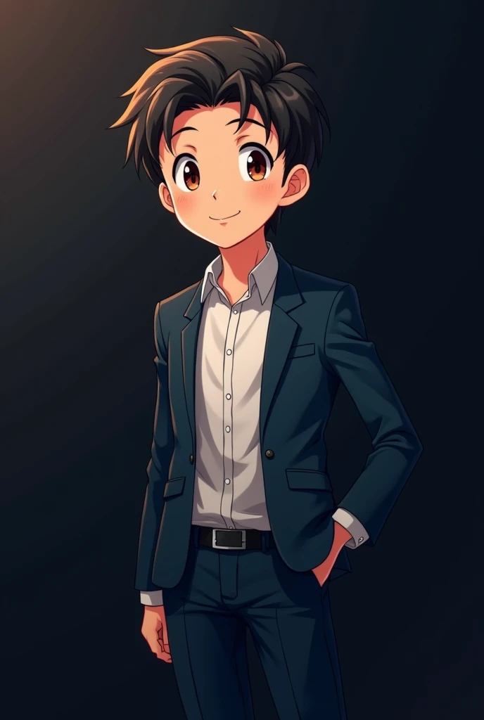 Cute anime boy by the black  ( that he is an entrepreneur) (anime style)