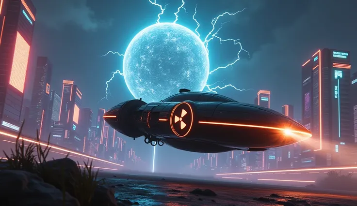 Futuristic UFO in a cyberpunk cityscape. The UFOs engine is sleek and black with glowing orange accents and a large, illuminated nuclear-symbol wheel at the front. Its speeding down neon-lit terrain towards the viewer. Towering skyscrapers with holographic...