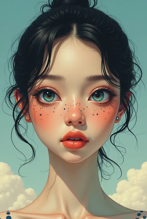 A hyperrealistic illustration of beautiful young woman with eyes flowing out of her eyes in style of James Jean, beautiful identical eyes, iris and pupils, style of Petra Collins, style of moebius, around her head has many identical eyes, sky behind her, m...