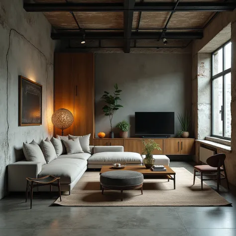 Industrial style apartment room living room windowless furniture installation