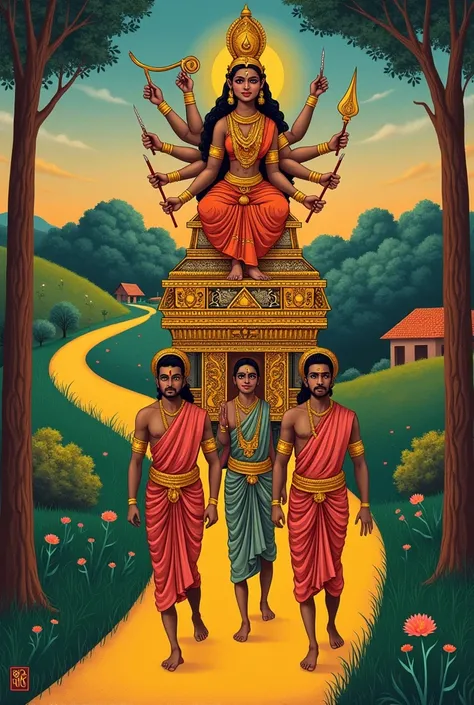 Palki carrying goddess durga of bengali dressing on shoulder of 4 man towards a path. Painting like jamini roy art.
