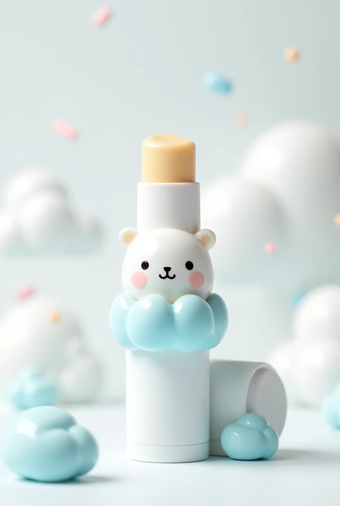 White lip balm with cute little bear and white packet and blue cloud decoration  normal size lipstick cuter bear and white color lip whiter lip color
