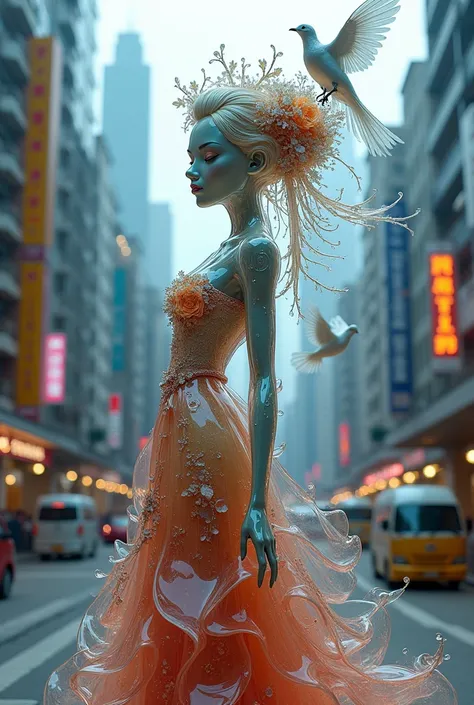 there is a glass sculpture of a woman with a bird on her shoulder, fantasy long intricate gown, inspired by Daniel F. Gerhartz, in hong kong, wide - shot, full of colors and rich detail, crane, van, by Gu An, vacuum, dove, high res, tetsuya nomura, full le...