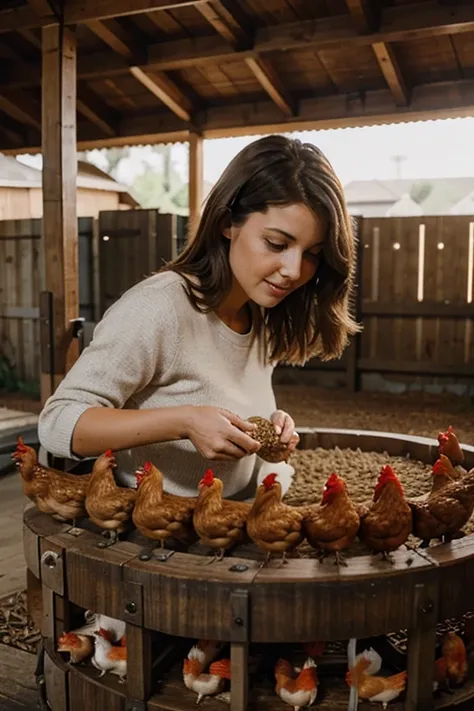 Image of woman feeding chickens in barnyard