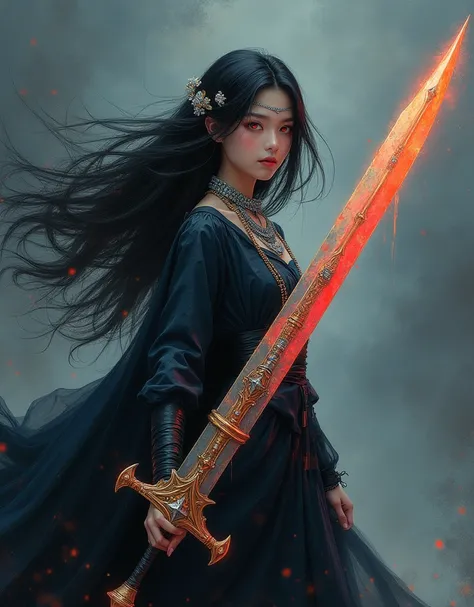 Minimalist painting, a beautiful girl with long hair and white, holding a giant bastard sword, red iris of the eye, wearing silver and gold jewelry on her face, against a dark gray background with light indigo and black tones, full body view, dynamic pose,...