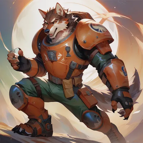 score_9, score_8_up, score_8, volumetric lighting, male ,solo athletic,unique angle, furry, anthro, space marine, wolf Helmet, full body,