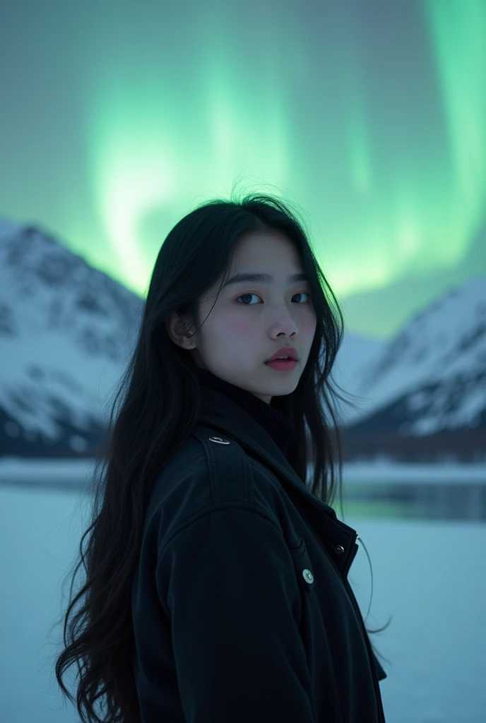 a beautiful black hair indian girl standing in front of camera and facing the camera in snowy mountains of norway watching Aurora in a black jacket.She has white skin tone 