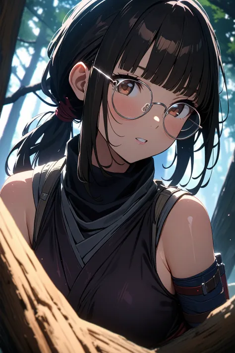 (best quality,4k,8k,highres,masterpiece:1.3), ultra-detailed, (Hard lighting:1.3), 1girl, beautiful detailed eyes, elegant colors, brown eyes, round eyes, very coquettish, (((silver semi-rimless round mini eyewear:1.3))), black ponytail, blunt bangs, light...