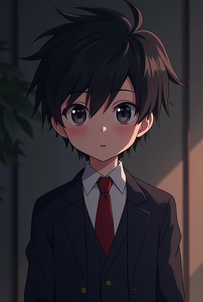 Cute anime boy by the black  ( that he is a mafia member) (anime style) (bottomless)