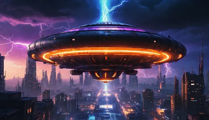 Futuristic UFO in a cyberpunk cityscape. The UFOs engine is sleek and black with glowing orange accents and a large, illuminated nuclear-symbol wheel at the front. Its speeding down neon-lit terrain towards the viewer. Towering skyscrapers with holographic...