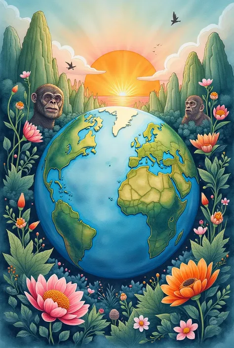 Aquarelle représentant les sciences et vie de la Terre avec  la planète Terre , des volcans, de la végétation, des fleurs, et lévolution de lhomme du singe jusquà lhomme 