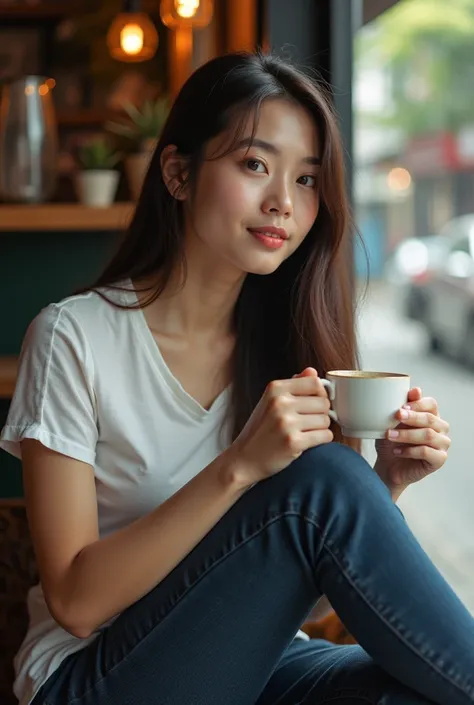 A photo of a young Thai woman with dark brown hair, around 2, sitting comfortably in a cozy roadside café inBangkok. Its a warm morning with soft sunlight gently shining on her long hair. She has a relaxed expression, enjoying the serene ambiance. She is w...