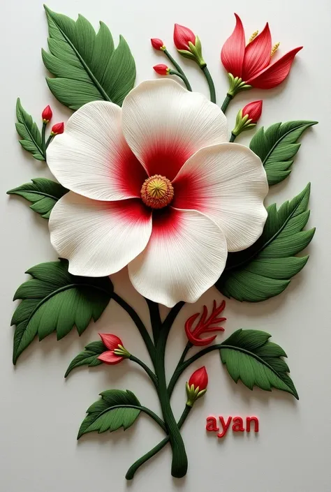 The image you sent depicts a beautiful embroidered floral design. The centerpiece is a large, white flower with a red center, surrounded by smaller red buds and green leaves. The word "AYAN" is embroidered below in red thread.
The embroidery appears to be ...