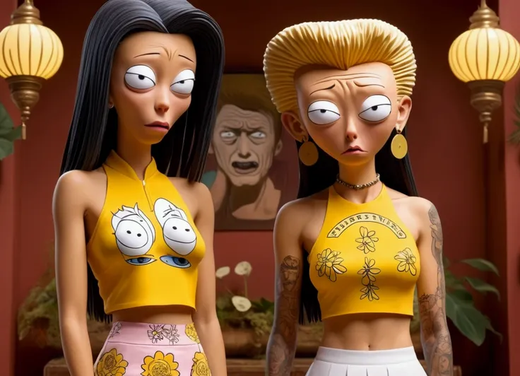 hyper realistic, perverts Beavis and Butthead offering a cute yuna (sad, disgusted, age 25, halter top, mini skirt) a lotus flower, funeral parlor