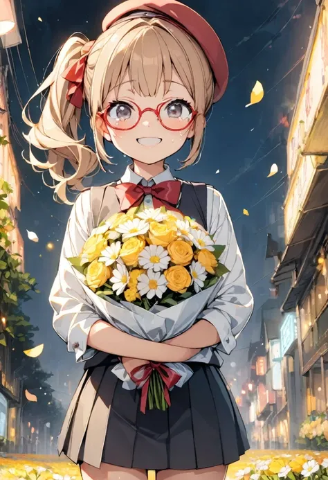 Flower Field, Girl with a bouquet of flowers, Tears of joy, Petals fluttering, Light effects, An emotional photo, Filled with kindness, (A bouquet of flowers for you), 

BREAK
1girl,10yo,brown hair,black eyes, ((red round eyewear)), side ponytail,smile, bl...