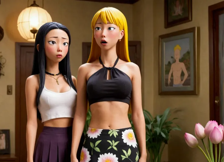 hyper realistic, perverts Beavis and Butthead offering a cute yuna (sad, disgusted, age 25, halter top, mini skirt) a lotus flower, funeral parlor
