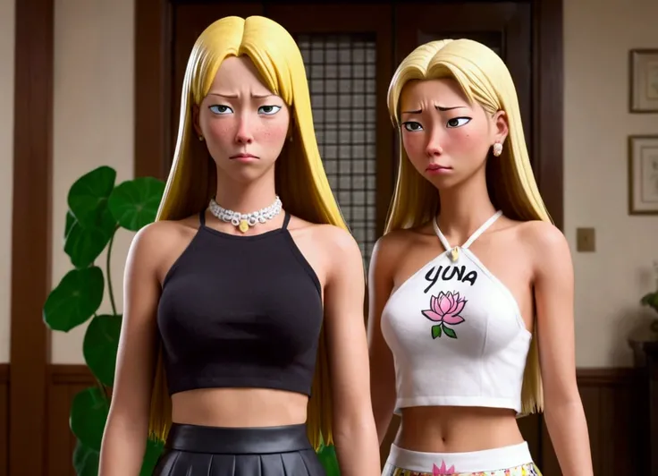 hyper realistic, perverts Beavis and Butthead offering a cute yuna (sad, disgusted, age 25, halter top, mini skirt) a lotus flower, funeral parlor
