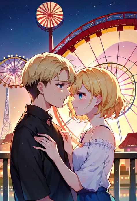 Blonde short hair girl hugs black short hair girl , Amusement park 、the Ferris wheel , Late at night, dark,tear,Glad, ( There must be two people in the image)