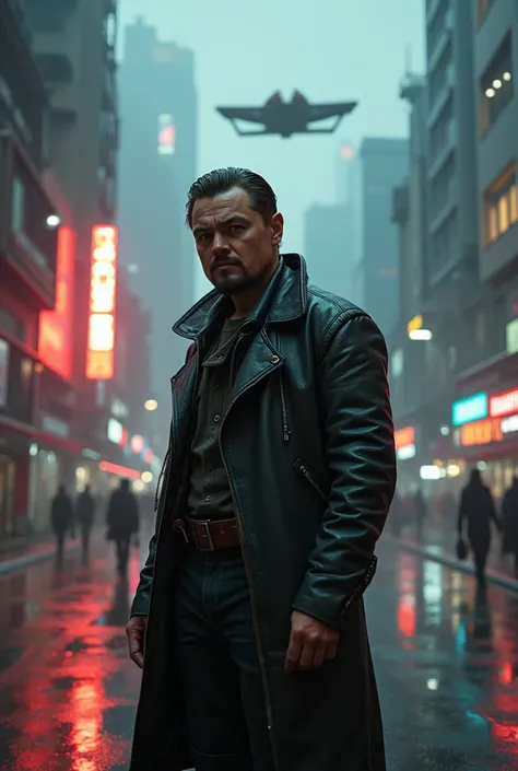 Leonardo Di Caprio in the World of Blade Runner 2049 with rain and futuristic flying cars