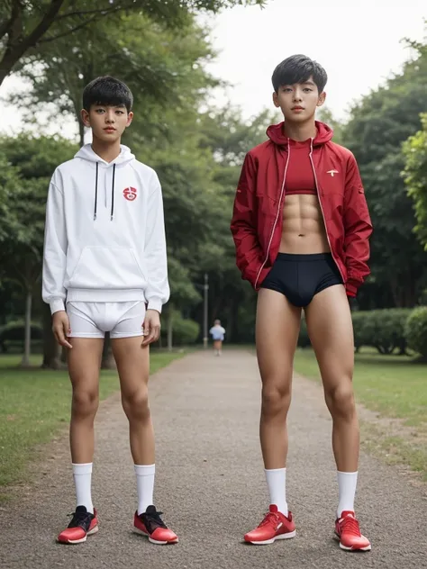  teenagers , very young , light-skin , wearing an dark red sexy underwear, tmasterpiece，k hd，the feet，Transparent sports vest，semi transparent，black long socks，The barefoot , red colour , handsome and cute , extreme cute boy , white skin , dark red underwe...