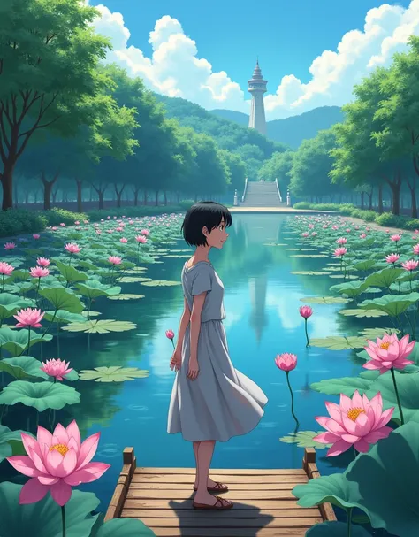 masterpiece anime movie, 2010s, lots and lots of lotus flowers, Lotus in Gyoda. 1 girl, Standing on a wooden bridge, Point towards the pond, turn around. smile, Open Mouth. Wearing a mid-length casual dress. short hair, Black Hair. Late teens. Water surfac...