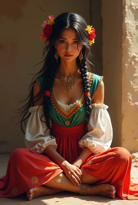 Generates an image of a beautiful Mexican woman in a typical costume with braids in her hair and colored ribbons, sitting on the floor in the lotus position 