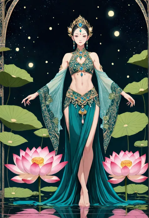 spirit of lotus, standing on flower, small waist, abs, luxury dress,    