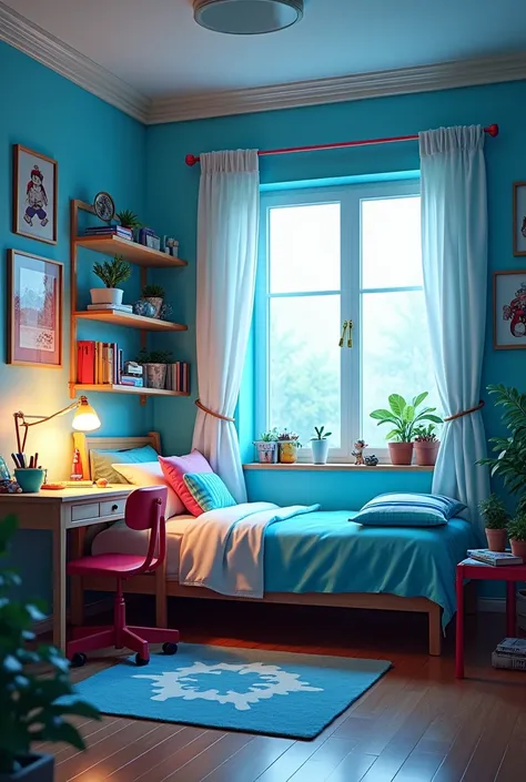 Create a My Hero Academy room with a light aqua blue color that has a basic bed that has a desk and a chair that has a large window with a white curtain that has red LED lights and My Hero Academy decorations.
