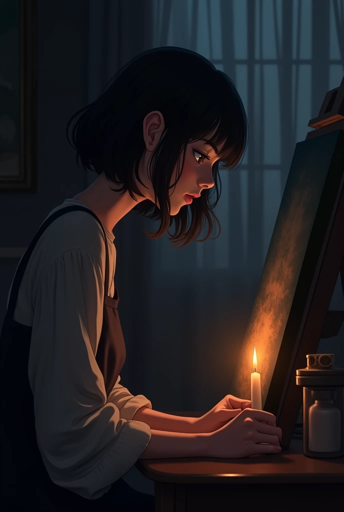 A side profile of an woman, in a dark room painting on a canvas but the only thing that is lighting the room is a candle on a table. Make the angle a bit of close-up view. Anime with semi-realism type of style.