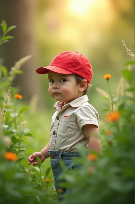 2 year bay wearing red round cap standing in garden blur background 