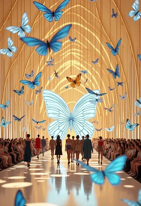 Surrealism photography, light and shadow art space scene, there are many radial light and shadow luminous lines, combined with blue butterfly three-dimensional art installation, there are many butterfly pattern abstract art installations locally, many fash...