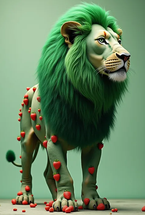 The lion stands sideways, has green fur and is covered in strawberries.