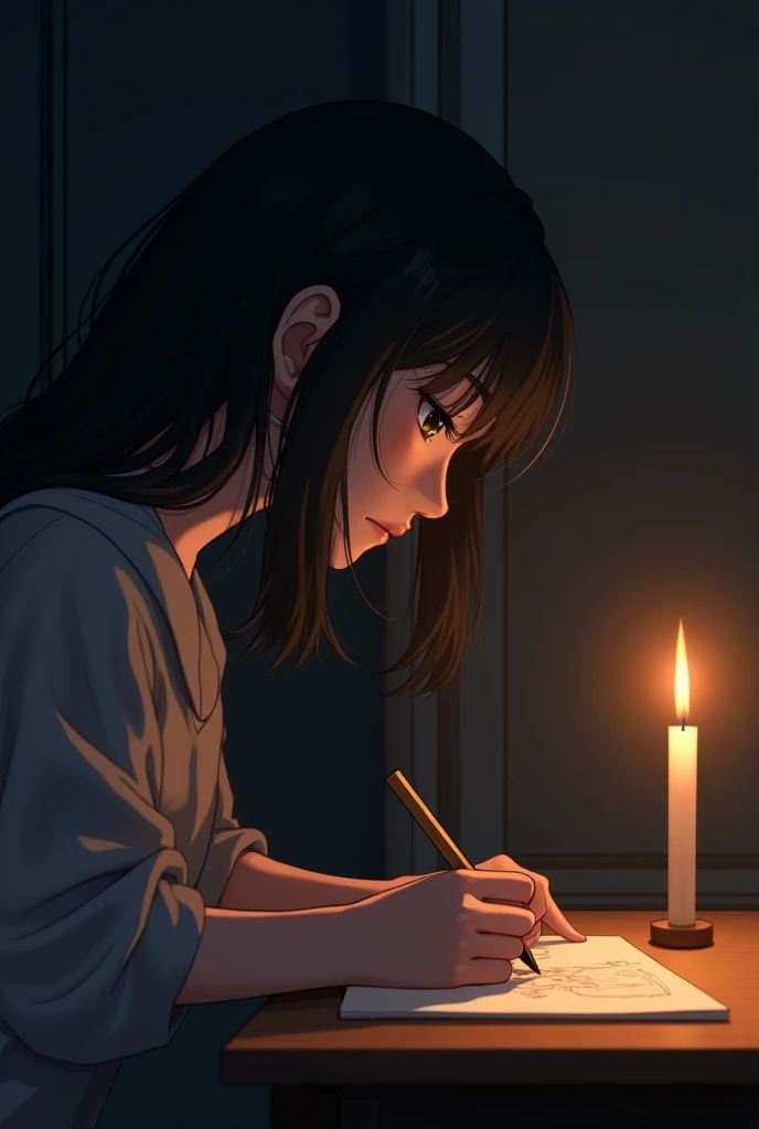 A side profile of an woman, in a dark room drawing on a paper but the only thing that is lighting the room is a candle on a table. Make the angle close-up view. Anime with semi-realism type of style.