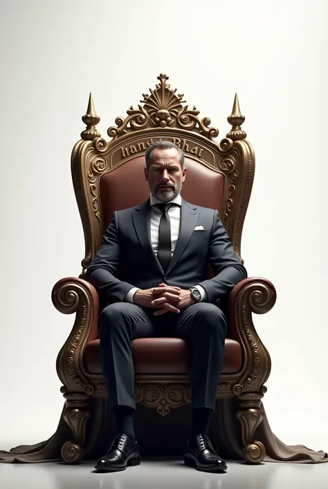 A dasing man  sit on a king chair and his back write his name and his name is HANSU BHAI  and White further left and right of kings chair