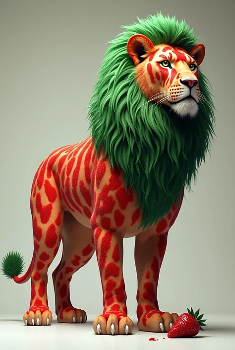 The lion stands sideways, has green neck fur, striped skin, and is covered with strawberries.