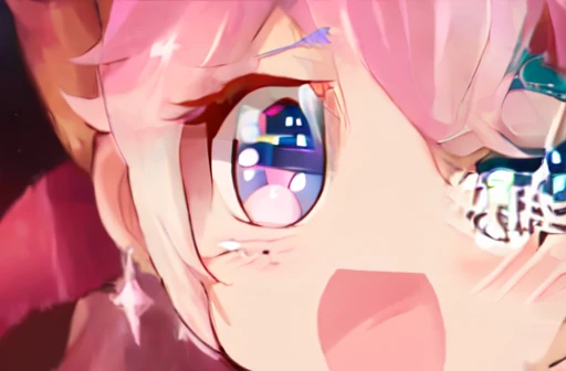 Best Quality, Professional lighting, Super detailed, realist, beautiful detailed eyes,âœª Ï‰ âœª, open mouth, sparkling eyes, symbol-shaped pupils, +_+ , pitted peach,pink dress