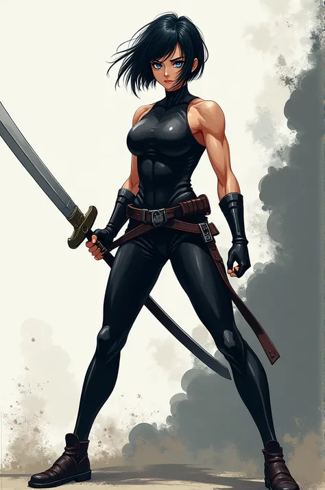 A woman with a sword, short black hair, blue colored eyes, white, Bullish, in black anime style uniform 