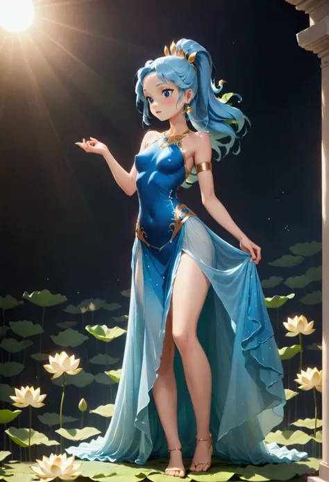 spirit of lotus, standing on flower, small waist, abs, luxury dress